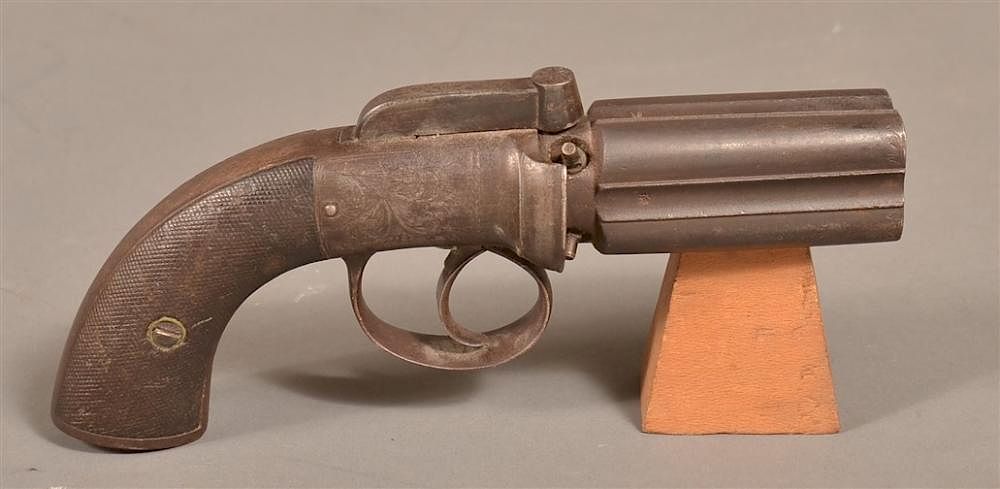 Appraisal: English Percussion Pepperbox Revolver English Percussion Pepperbox Revolver caliber fluted