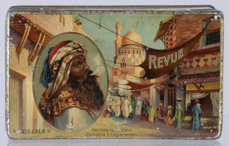 Appraisal: Revue Cigarettes Tin Description Nice graphics Condition Very Good -