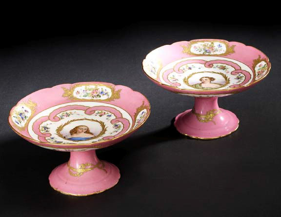 Appraisal: Pair of Sevres-Style Porcelain Rose Pompadour-Ground Portrait Compotes first quarter