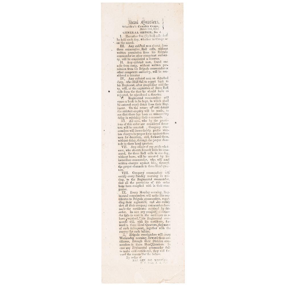 Appraisal: -Dated Confederate Civil War Field Printed Broadside - General Order