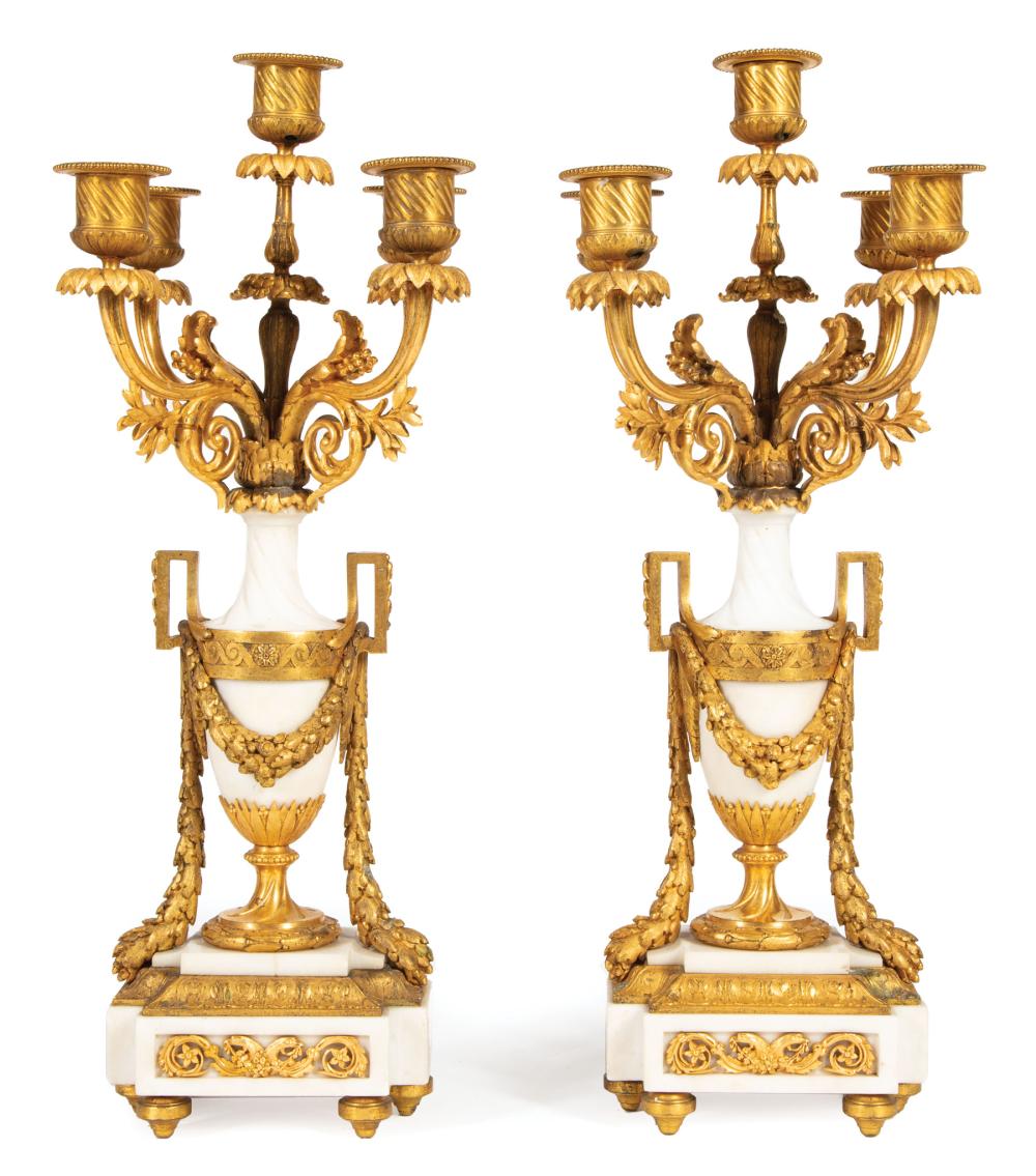 Appraisal: Pair of French Gilt-Bronze Mounted Marble Five-Light Candelabra central urn