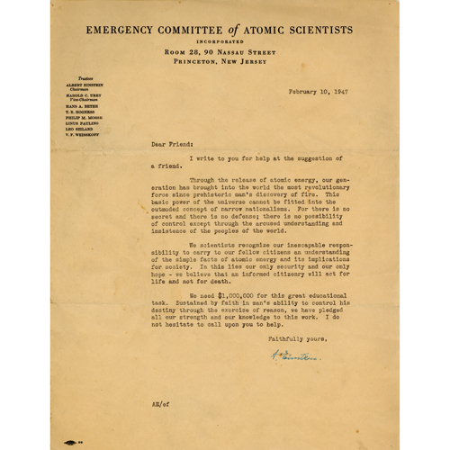 Appraisal: Letter from Albert Einstein dated from the Emergency Committee of