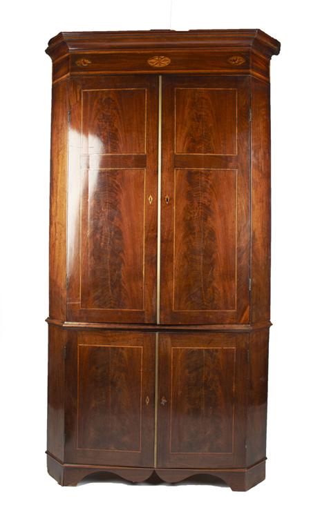 Appraisal: GEORGE III MAHOGANY AND INLAID STANDING CORNER CUPBOARD CIRCA the