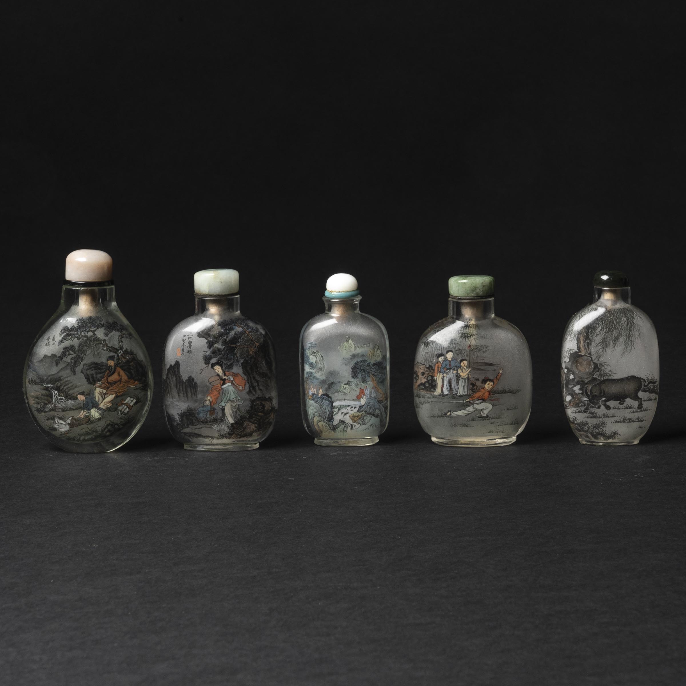 Appraisal: A Group of Five Inside-Painted Snuff Bottles th Century tallest