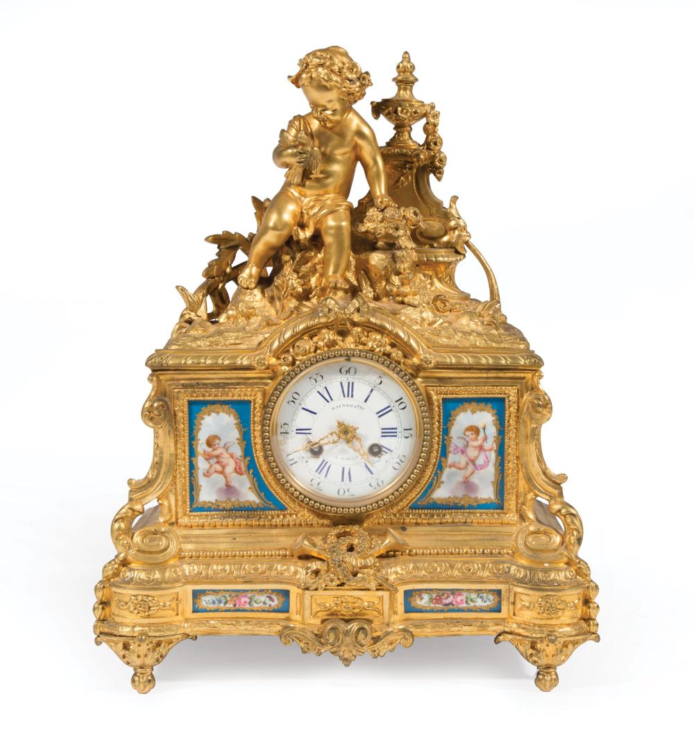 Appraisal: Napoleon III Porcelain-Mounted Gilt Bronze Mantel Clock th c dial