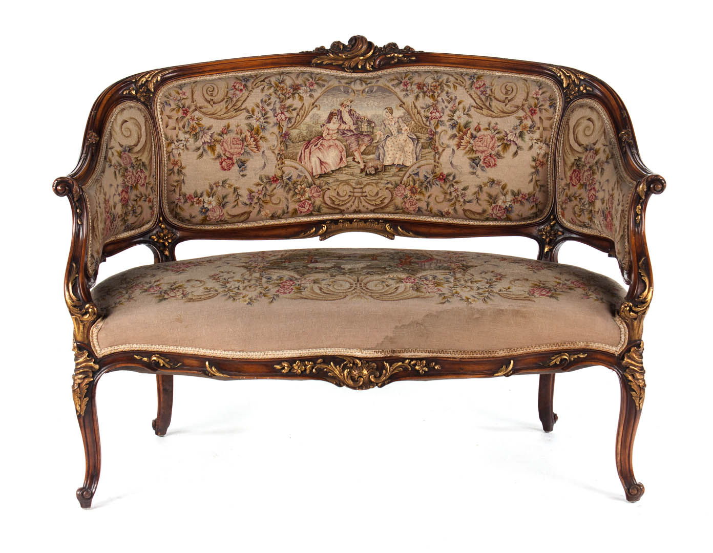 Appraisal: Louis XV style upholstered settee foliate carved parcel-gilt exposed frame