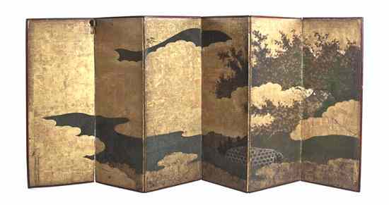 Appraisal: A Japanese Six-Panel Paper Floor Screen depicting a landscape showing