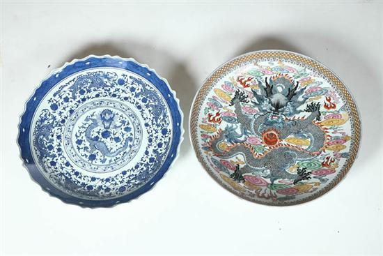 Appraisal: TWO CHARGERS Asian mid th century porcelain Central dragon motifs