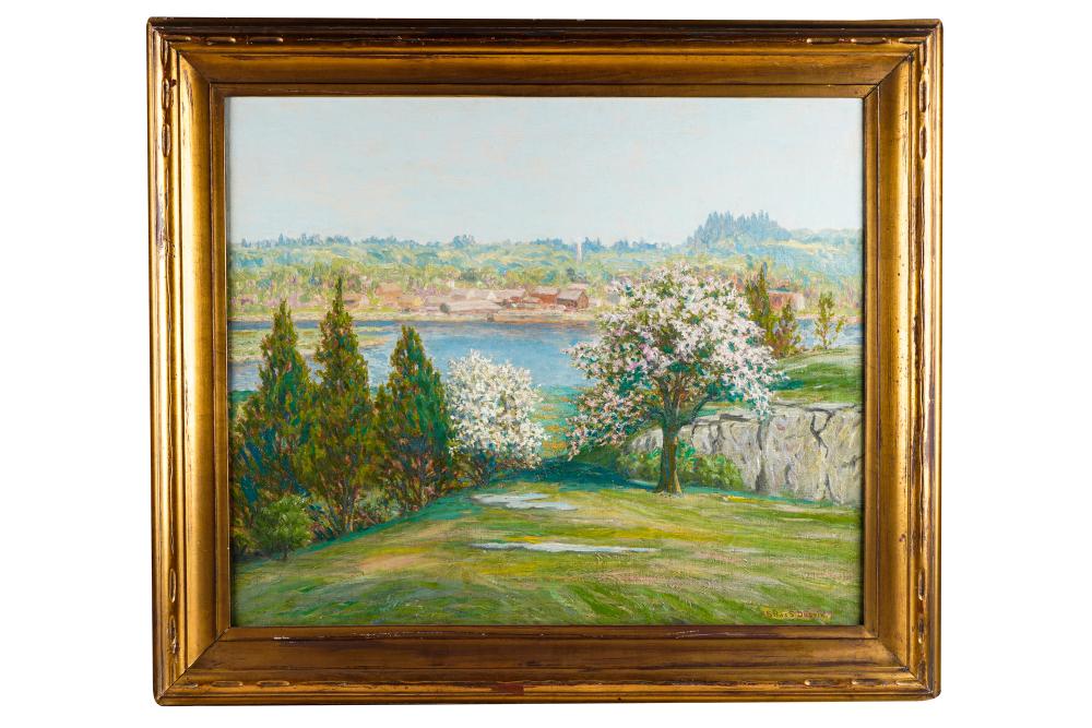 Appraisal: SILAS S DUSTIN - FLOWERING TREES BY WATER oil on