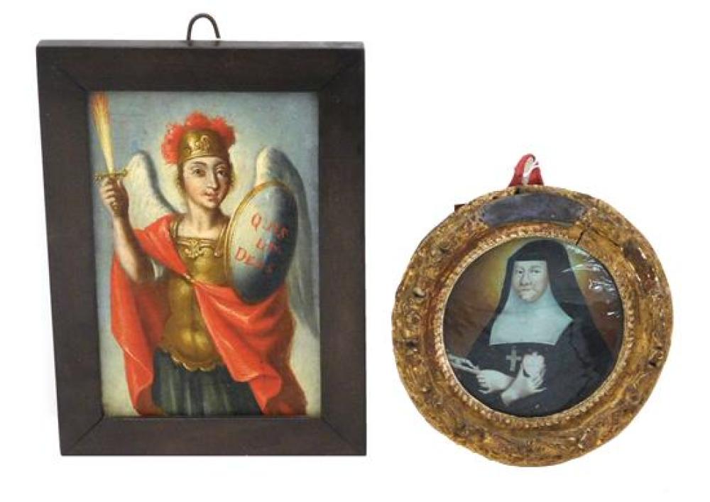 Appraisal: Two framed religious paintings Archangel Michael Continental th C oil