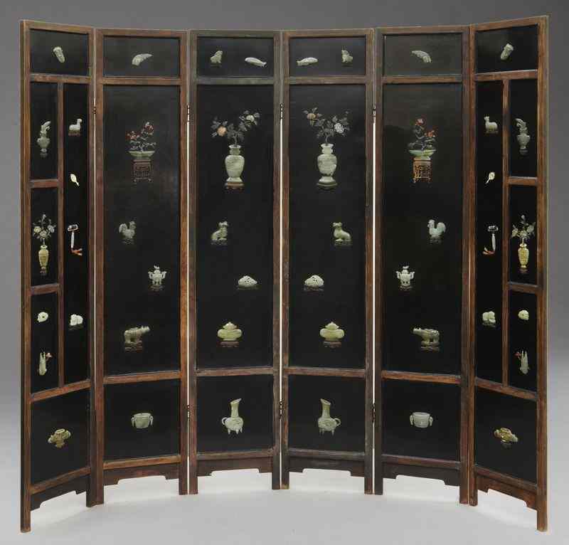 Appraisal: Chinese jade mounted six panel rosewood screendepicting lucky symbols ''H