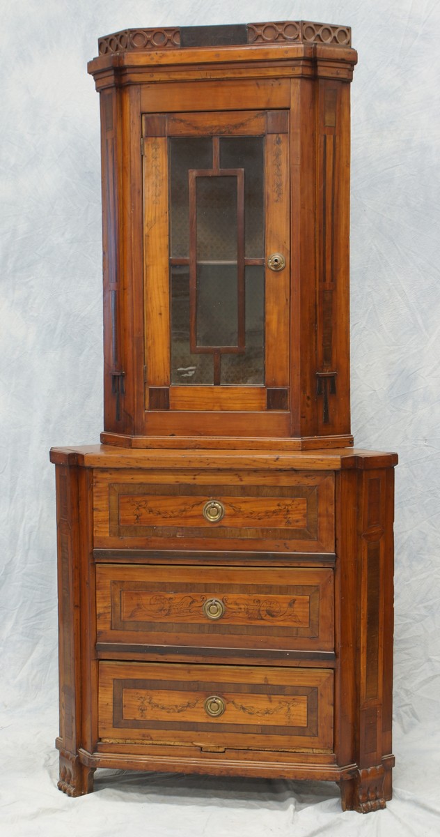 Appraisal: Continental Inlaid and Painted Corner Cabinet bottom with drawers center