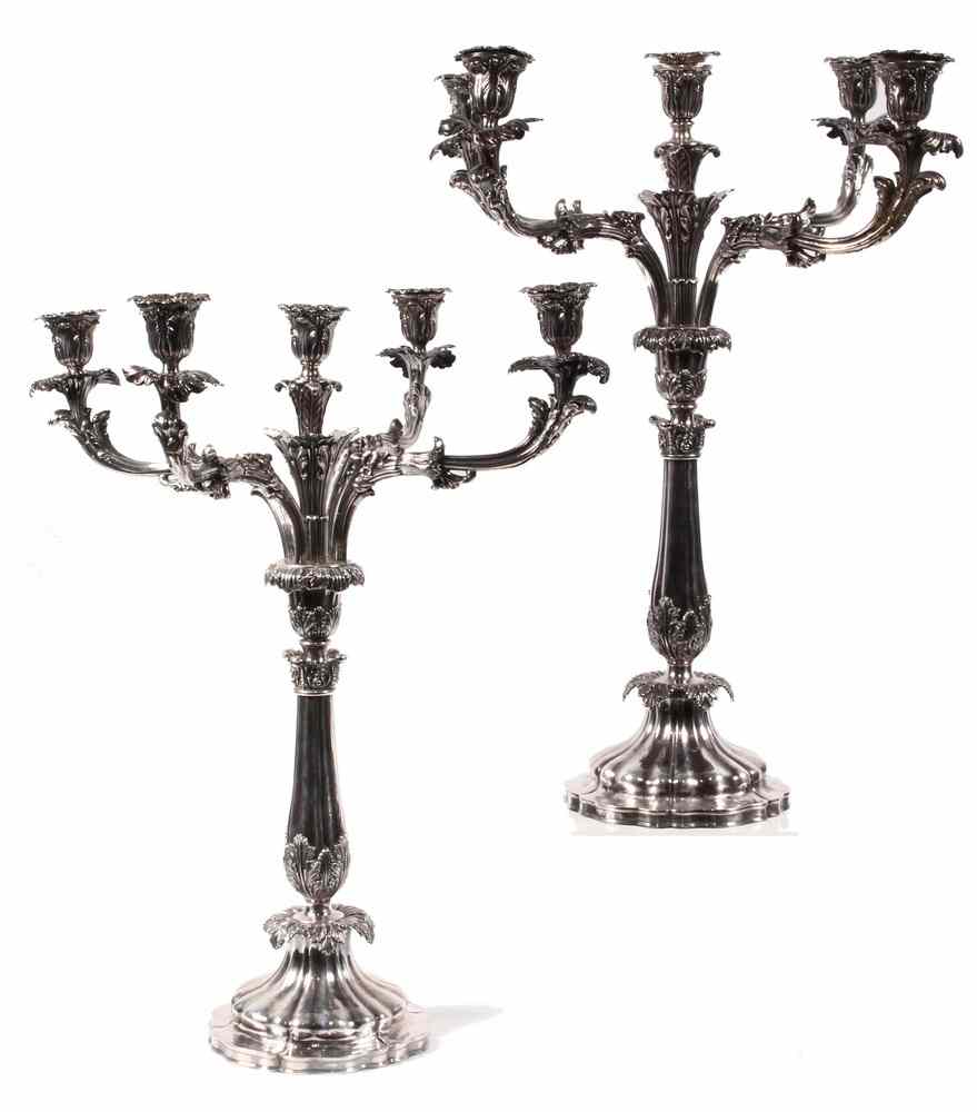 Appraisal: PAIR BANQUET STERLING CANDELABRUM - Sheffield sterling Five-Stem Candelabrum with