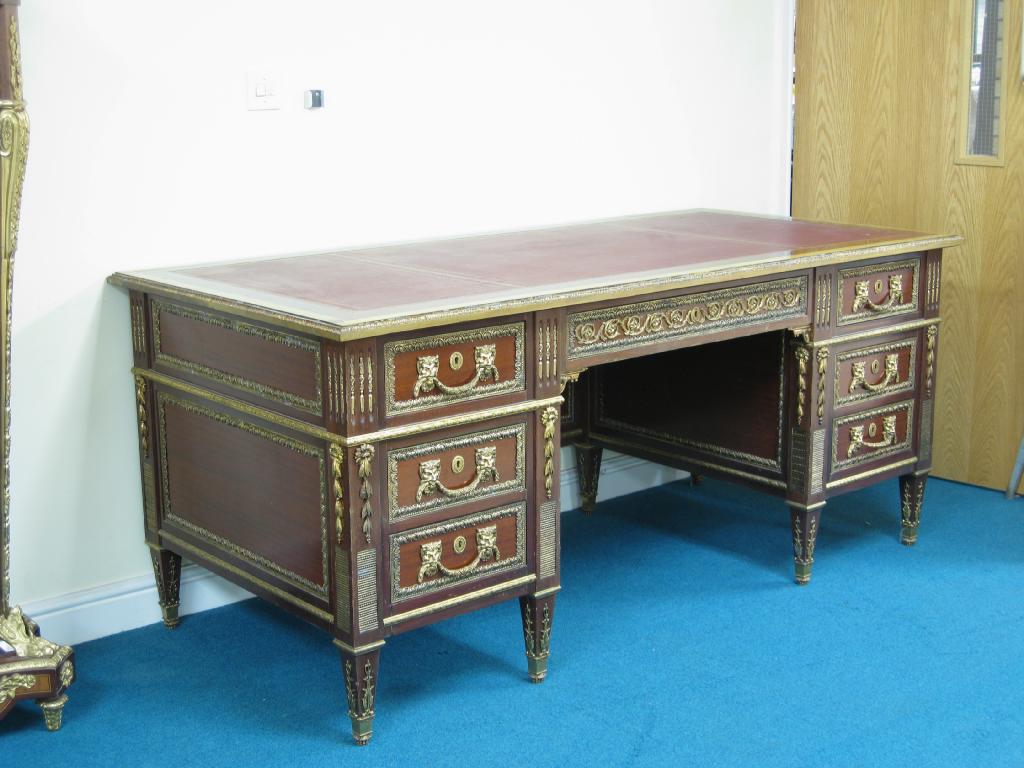 Appraisal: A Louis XVI style mahogany Bureau Plat with inset red