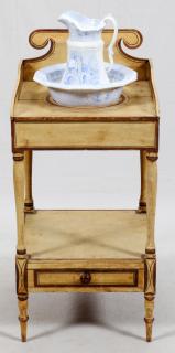 Appraisal: IRONSTONE WASH BASIN PITCHER PAINTED WOOD STAND IRONSTONE WASH BASIN