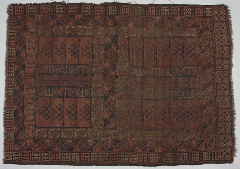 Appraisal: Antique Hand-Tied Ersari Rug deep red ground Heavy wear loss