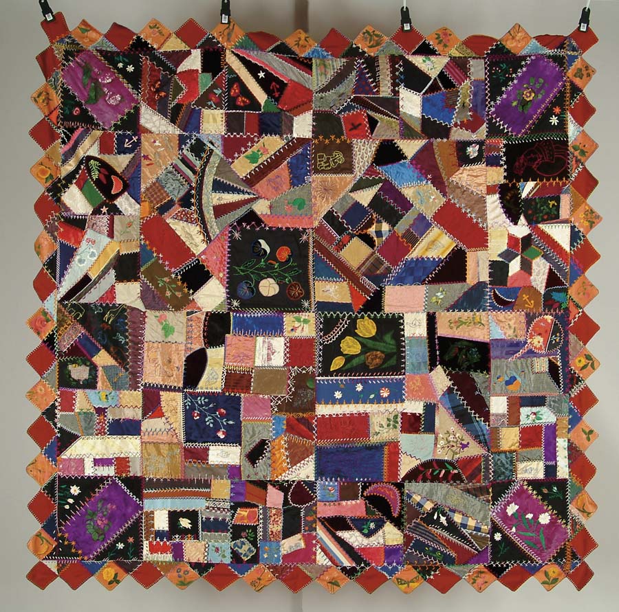 Appraisal: FINE FANCY CRAZY QUILT Patchwork design with saw tooth border