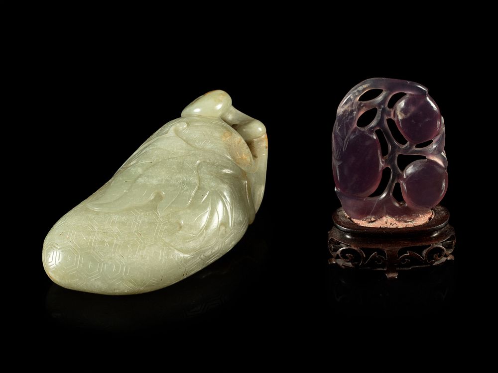 Appraisal: A Celadon Jade 'Lychee' Carving and An Amethyst 'Fruit' Pendant