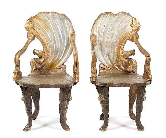 Appraisal: A Pair of Venetian Silver Gilt Grotto Armchairs Height inches