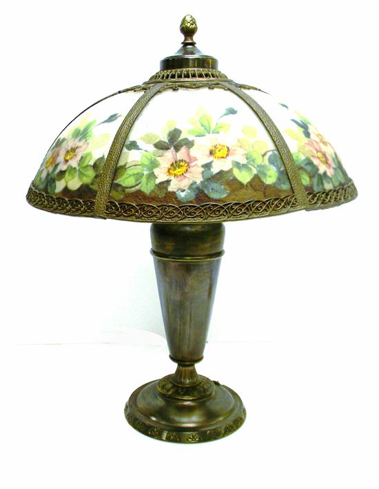 Appraisal: Table lamp with domed six-sided ice chip glass shade decorated