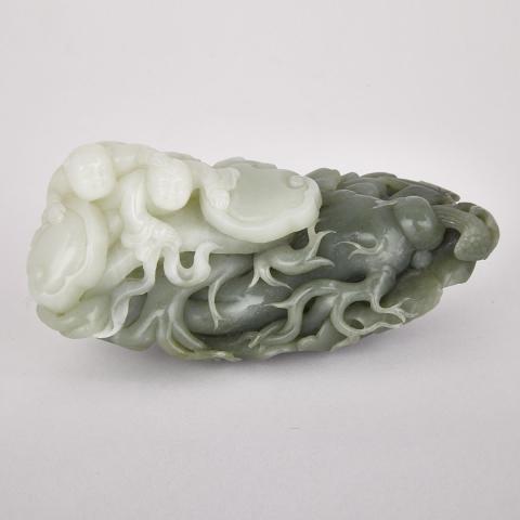 Appraisal: A Fine and Rare Spinach-White Jade Carving TWO BOYS WITH