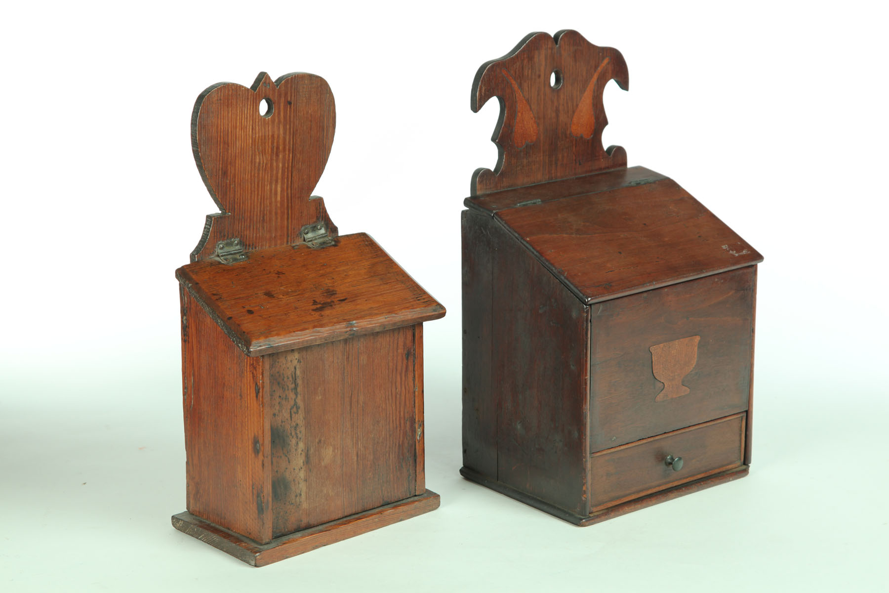 Appraisal: TWO HANGING WALL BOXES English th century Scroll tops over