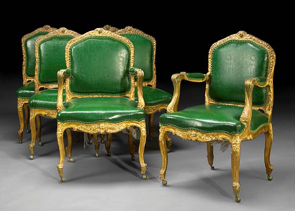 Appraisal: A set of six Louis XV style giltwood chairs th