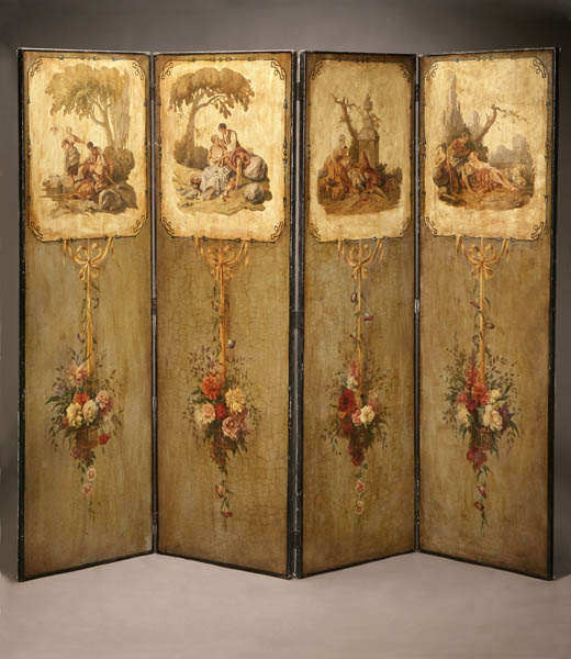 Appraisal: Louis XVI style painted canvas four panel screen Louis XVI