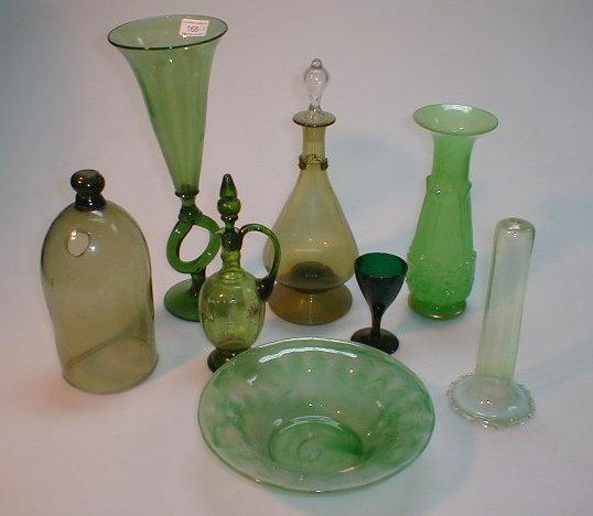 Appraisal: Green glass items including green cloud glass bowl goblet decanter