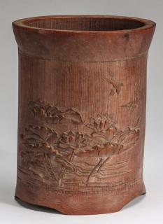 Appraisal: Chinese carved bamboo brush pot h Chinese carved bamboo brush