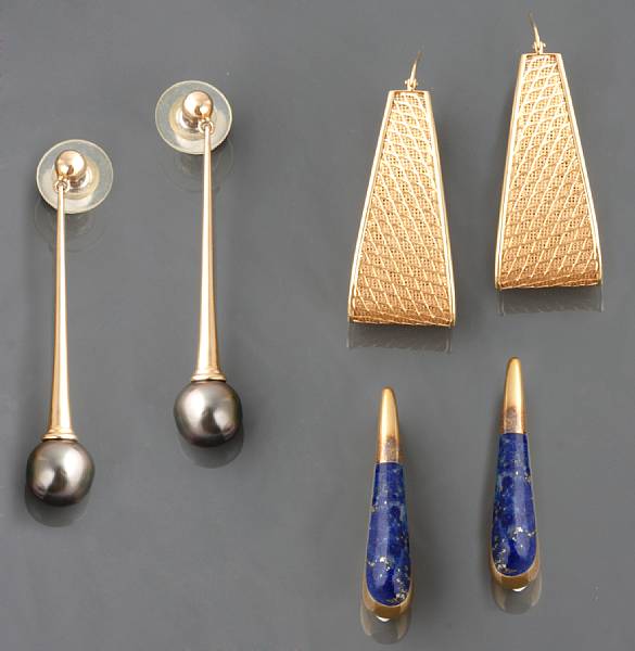 Appraisal: A collection of three pair of gold earrings one with