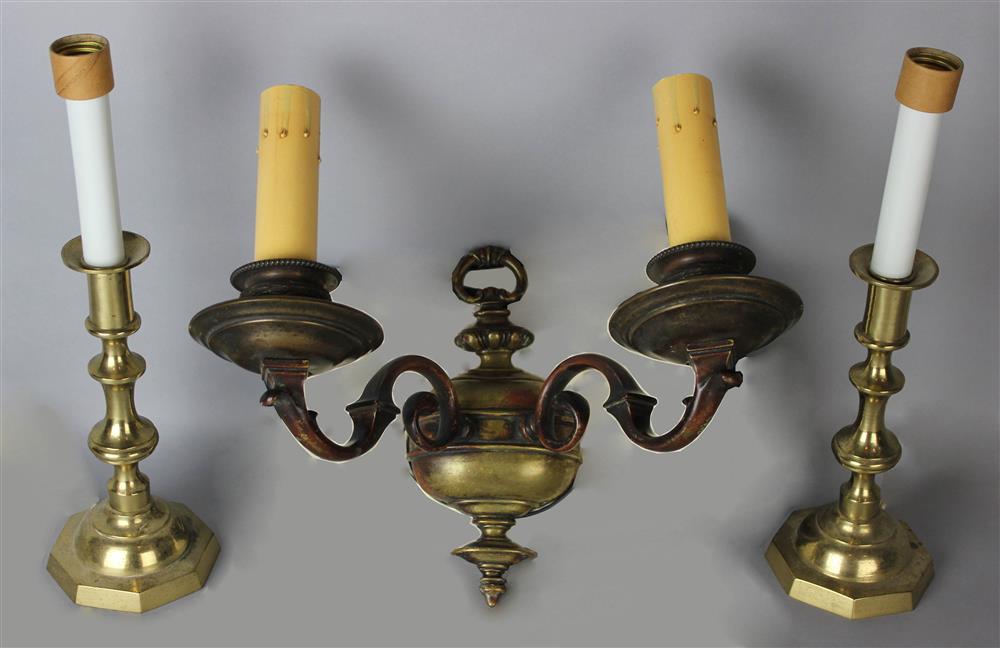 Appraisal: PAIR OF BRASS CANDLESTICKS AND SHADES AND A WALL SCONCE