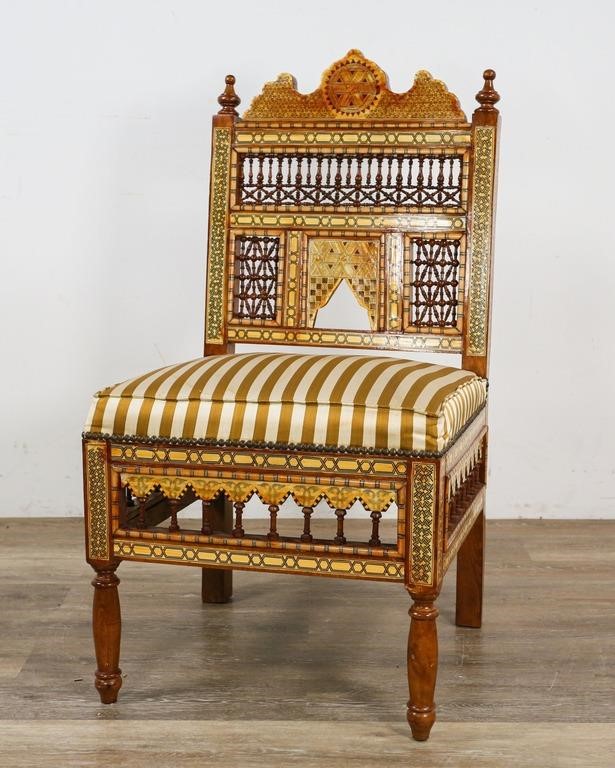 Appraisal: Moorish style inlaid side chair Egyptian th Century Geometric inlay