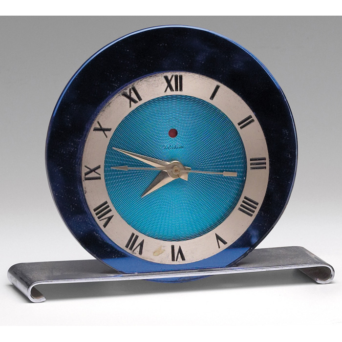 Appraisal: Art Deco clock chromed-metal with a blue glass circular face