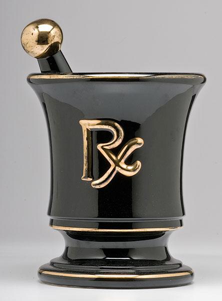 Appraisal: LARGE CERAMIC DISPLAY MORTAR AND PESTLE black with gilt lining