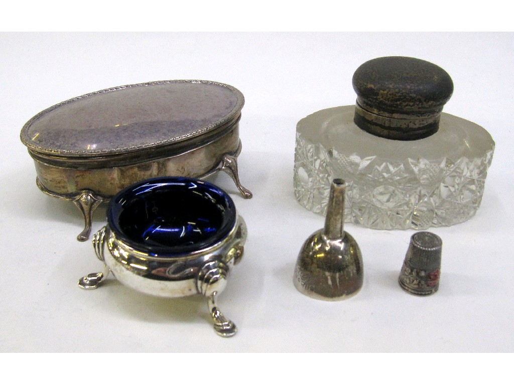 Appraisal: Lot comprising silver jewellery box silver salt inkwell and funnel