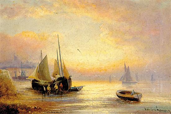 Appraisal: William Langley British - SUNSET FISHERMEN LAGGING ASHOREoil on canvas