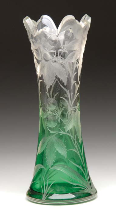 Appraisal: MOSER ENGRAVED VASE Green glass shading to clear with an