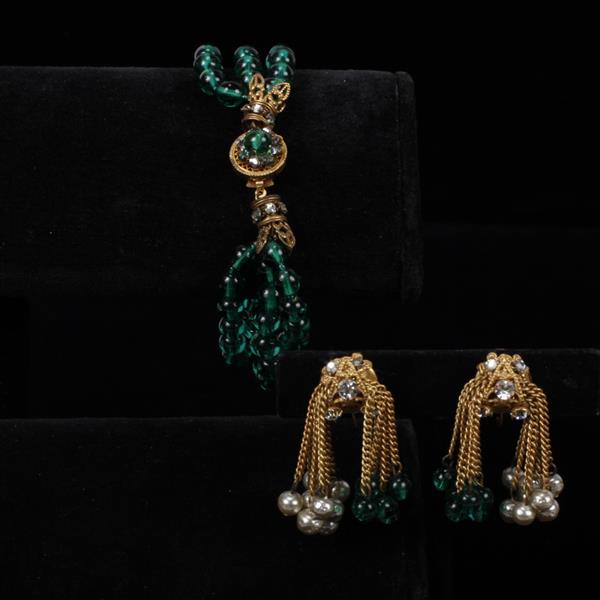 Appraisal: Miriam Haskell pc Bracelet Clip Earrings with green glass beads