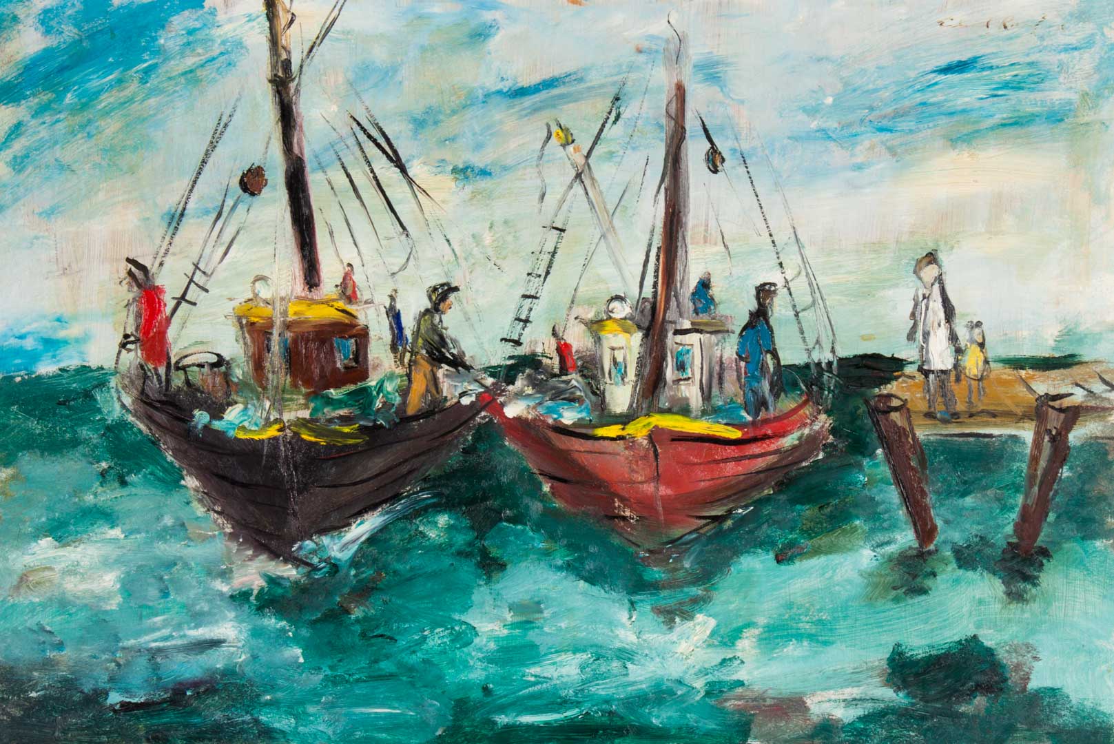 Appraisal: Edward Rosenfeld Fishing Boats at Dock oil American - Oil