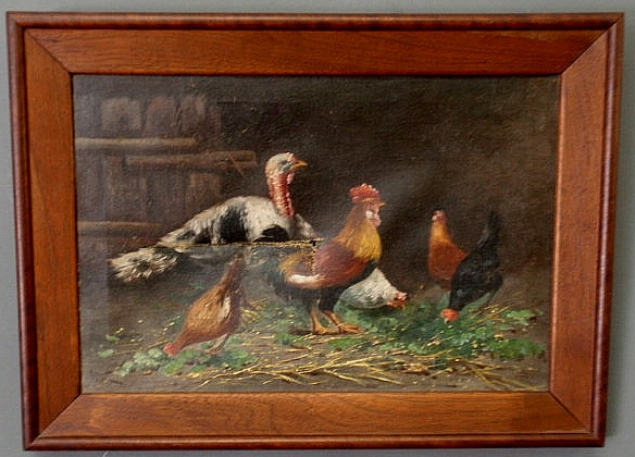 Appraisal: Oil on canvas painting o a barnyard scene with rooster