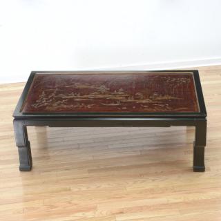 Appraisal: Red japanned panel set in later coffee table base Red