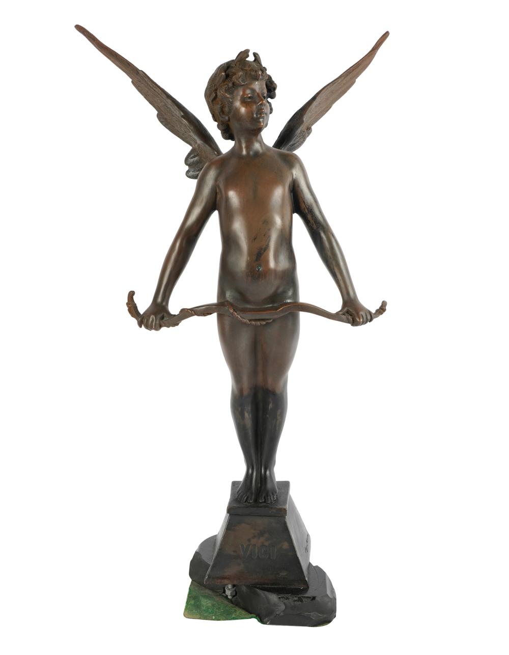 Appraisal: AUGUSTE MOREAU - CUPID WITH BOWpatinated bronze mounted to stone