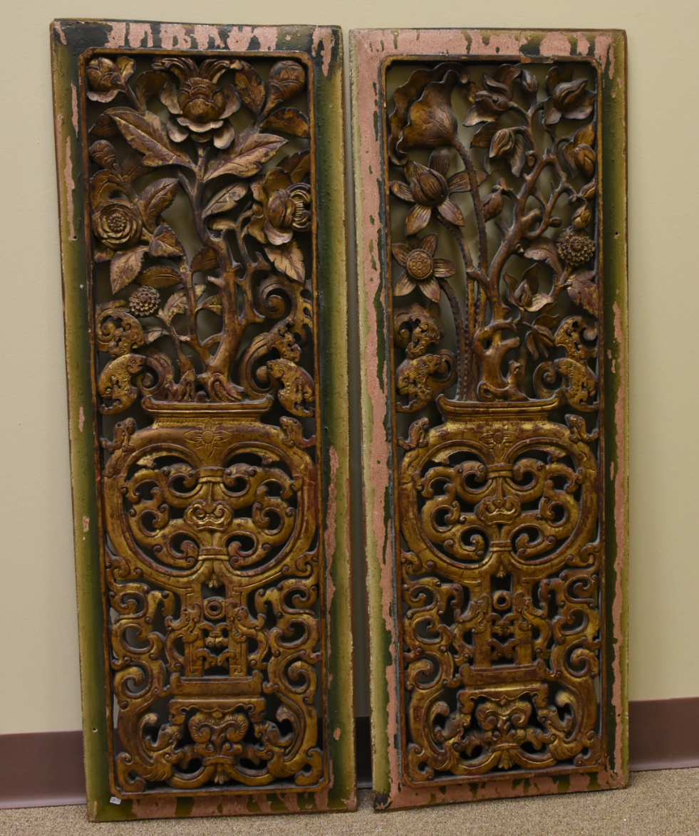 Appraisal: PAIR OF CHINESE GILDED WOOD PANELS QING DYNASTY A pair