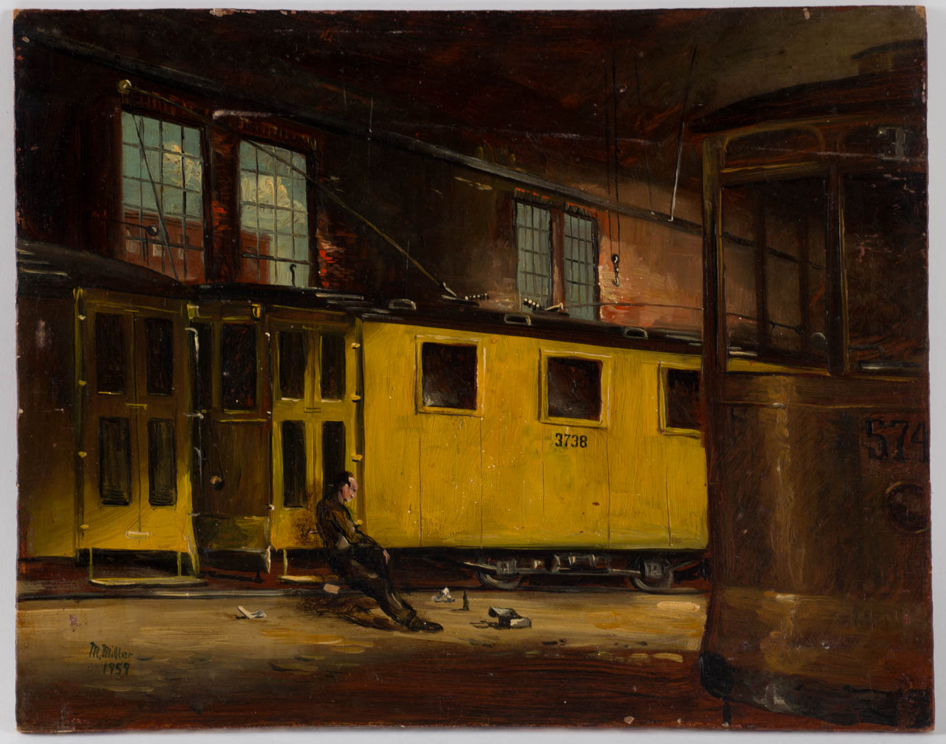 Appraisal: Melvin Miller Trollies in Garage oil on masonite Melvin Orville