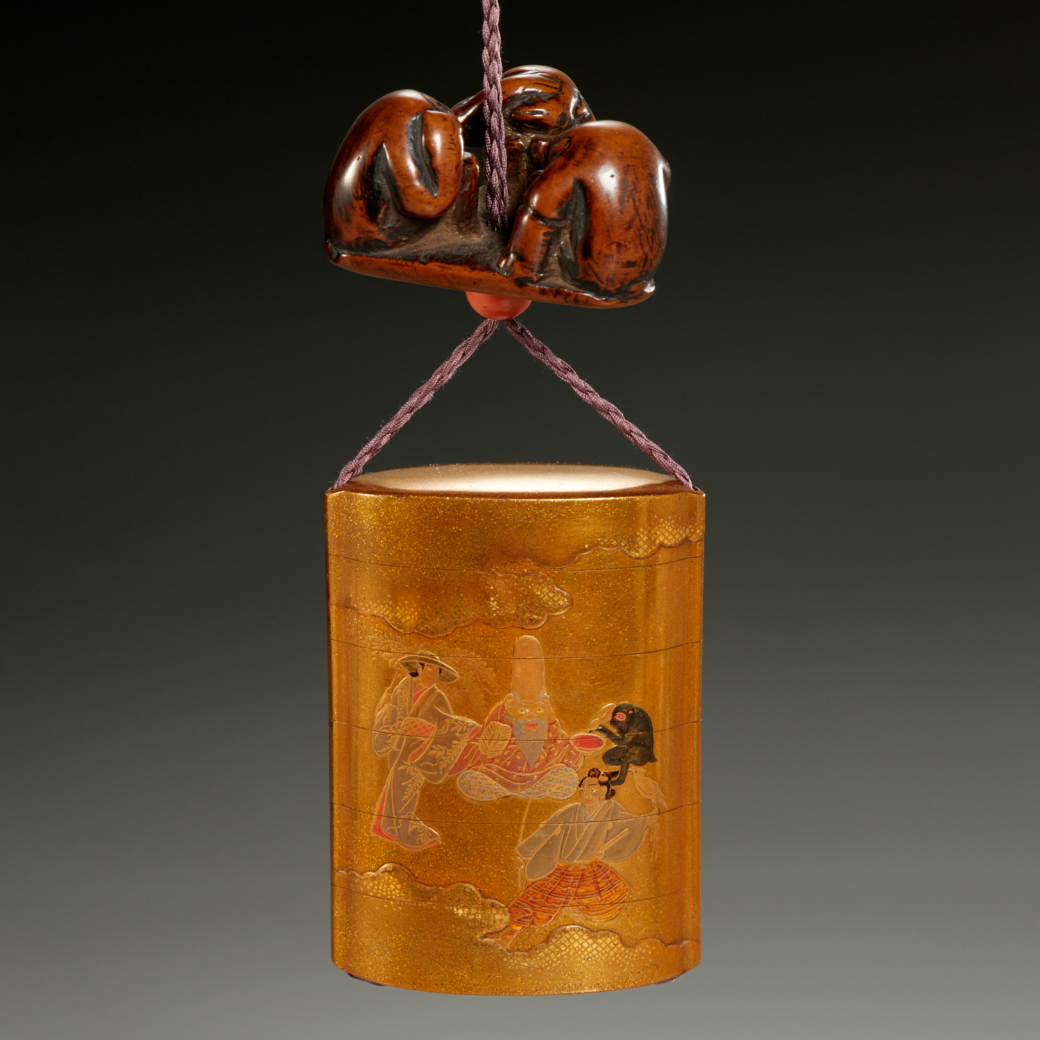 Appraisal: JAPANEE GILT MAKI-E LACQUER INRO AND NETSUKE Meiji Era th