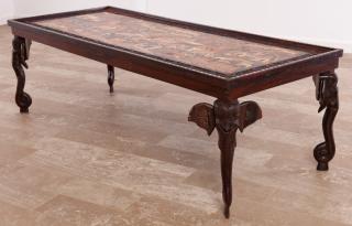 Appraisal: Coffee Table w Inlaid Bone Carved Elephant Legs Anglo-Indian coffee