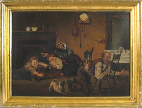 Appraisal: Oil on canvas interior scene late th c depicting a