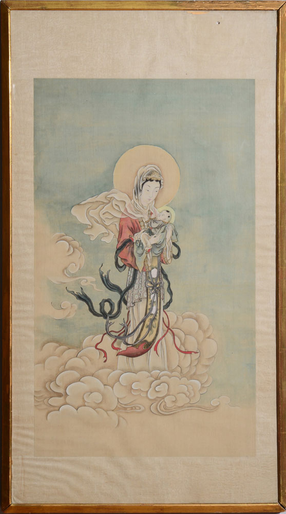 Appraisal: ASIAN SCHOOL FIGURES IN THE CLOUDS Watercolor on silk laid