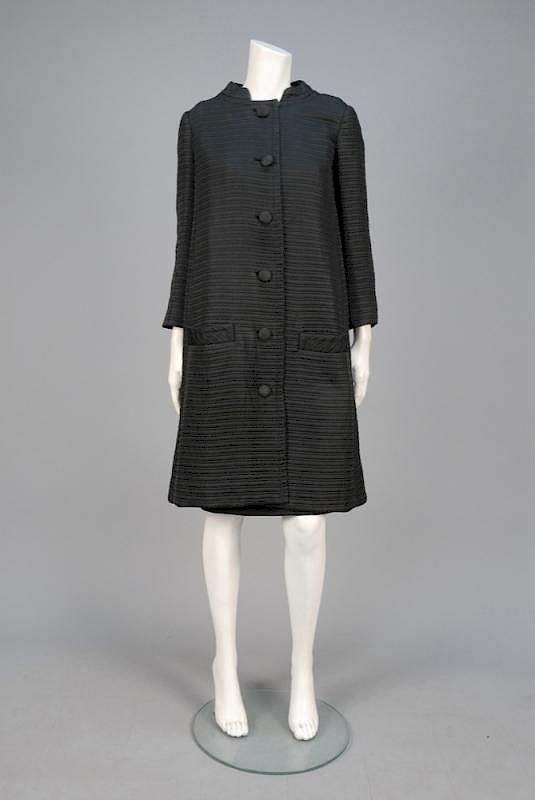 Appraisal: QUILTED SILK COAT and DRESS SET s Sleeveless black boatneck